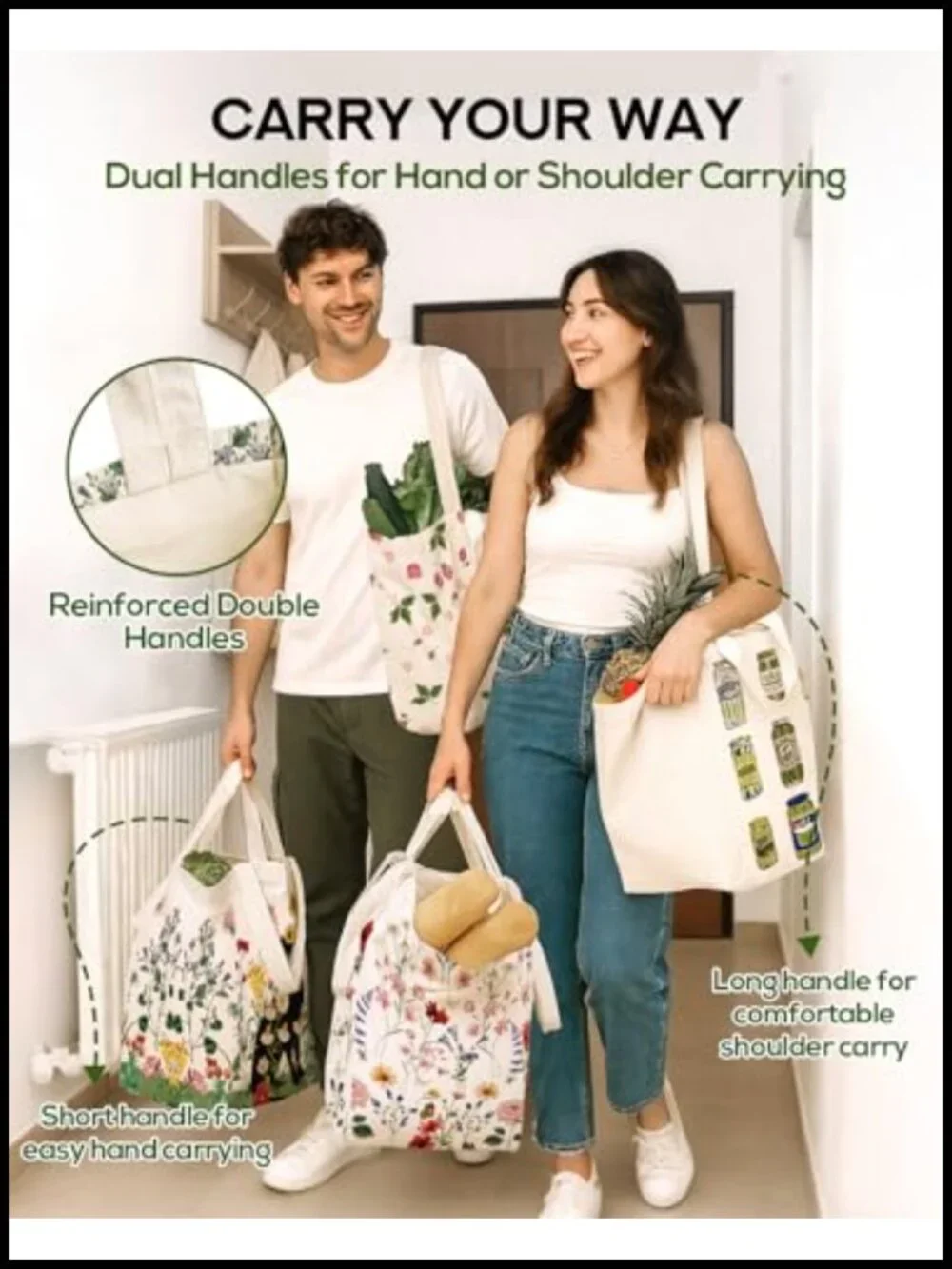 Large Canvas Grocery Tote - Reusable Shopping Bag with 6 Pockets